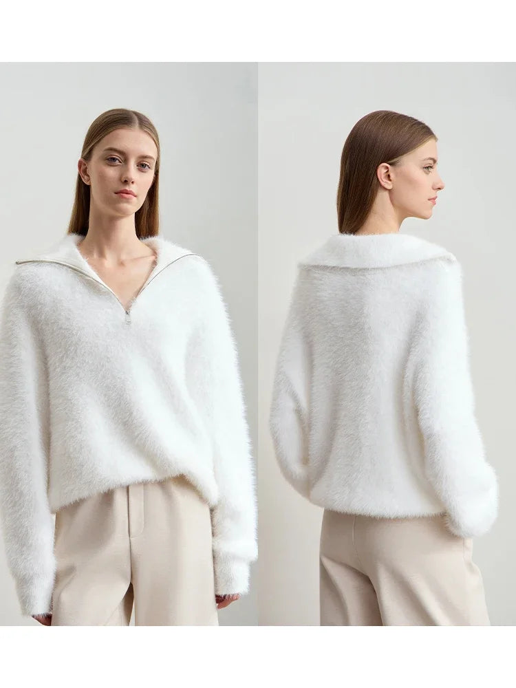 Amii 2026 Winter Women's Clothing Turtleneck Zipper Mink Sweater Winter Loose Shoulder Sleeve Pullovers Knitted Tops 12444250