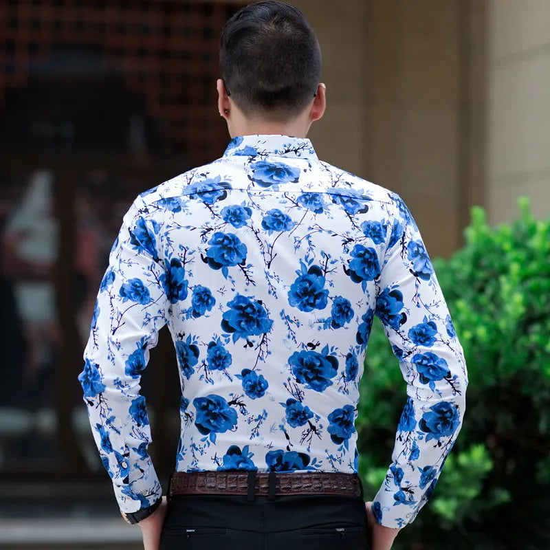 2026 Spring Men's White Long-Sleeve Printed Shirts, Blue Single-Button Collar Stretch Cotton Shirt, Asian Sizes M-5XL, 6XL, 7XL.