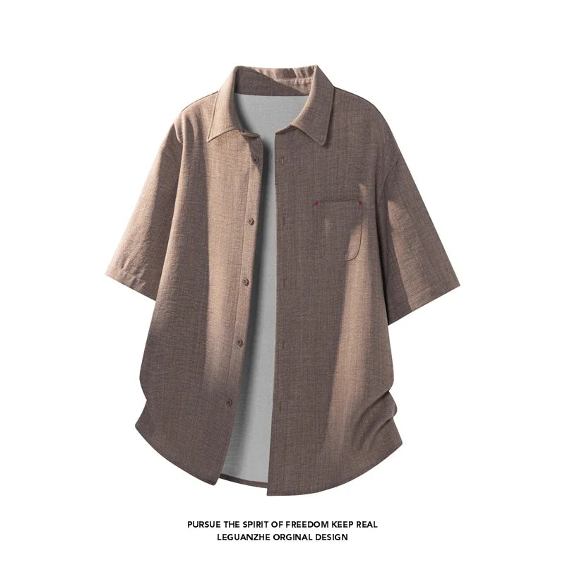 Mens Lapel Collar Short Sleeve Button Up Top Textured Linen Like Fabric Chest Pocket Relaxed Fit For Daily Commute Outfit
