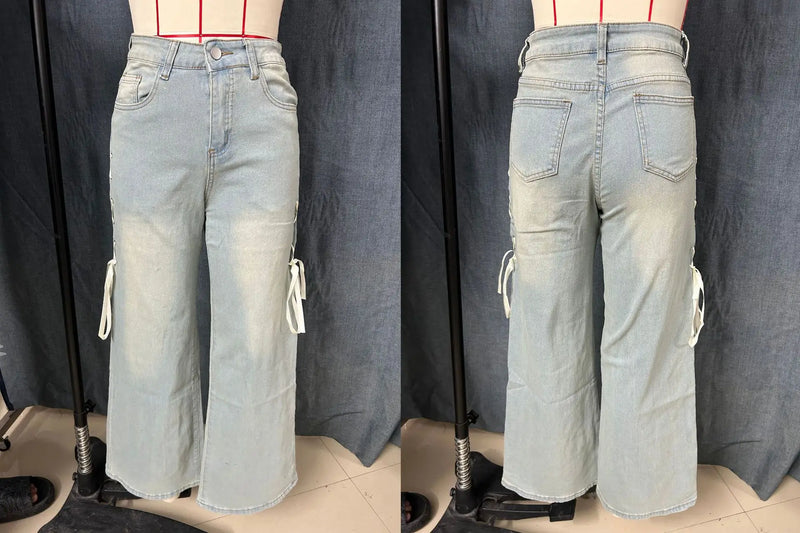 Light Blue Women's Jeans with X-shaped Drawstrings on Both Sides—stylish, Casual Wide-leg Pants.