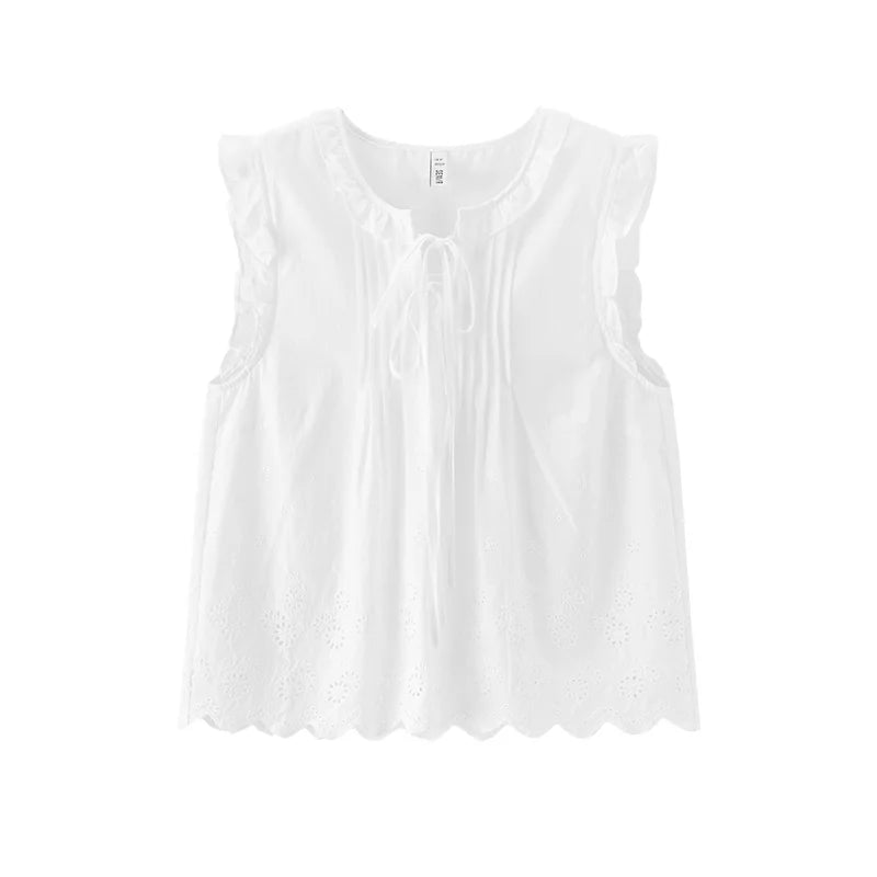 Semir Women Shirt Cotton Embroidered Bow Short Length Ruffle Lace Sweet Stylish 2026 Summer Casual Fashion Versatile Top