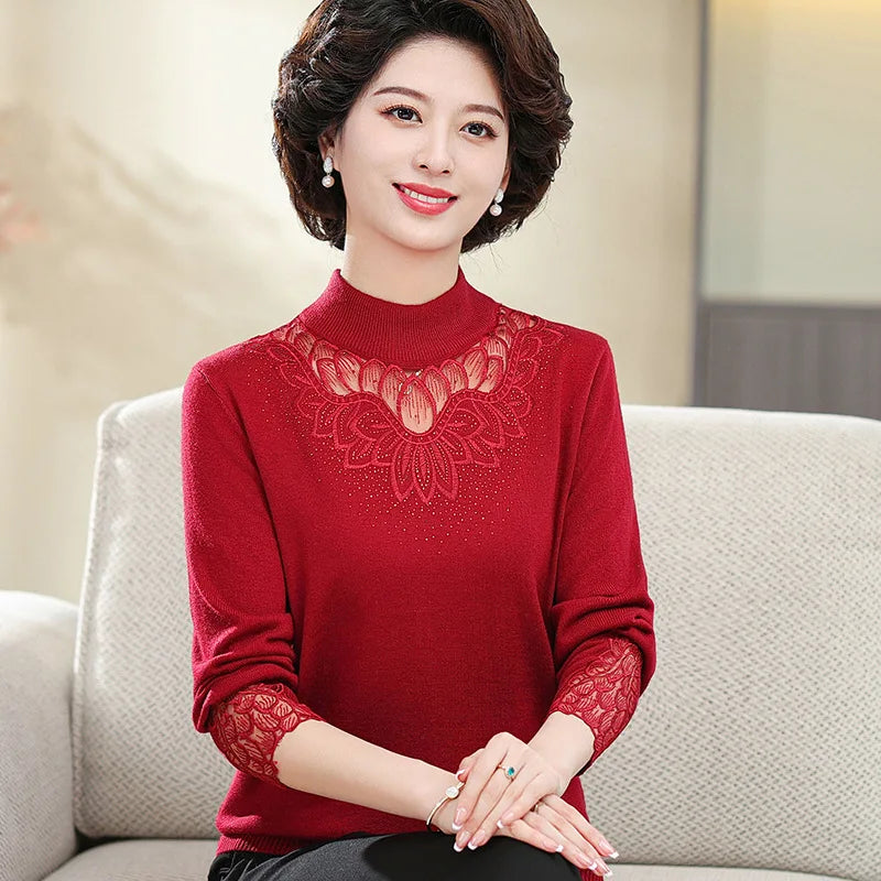 Turtleneck Warm Long Sleeve Knitwear Tops Spring Autumn Woman Clothing Middle Aged Mother Sweater Basic Wear Pullover Shirt