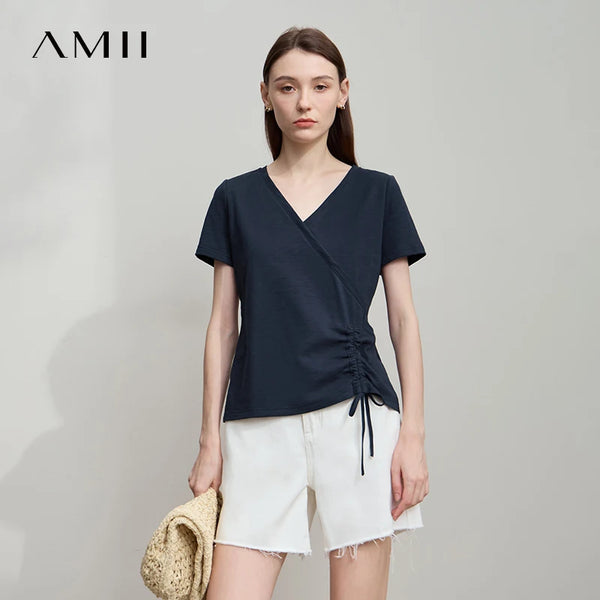 AMII Women's Minimalist Cotton T-Shirt 2026 Fashion Casual V-Neck Drawn Fold Short SleeveTee Tops Comfort Daily T-Shirt 12522163