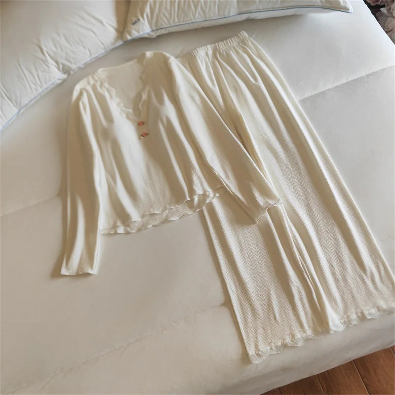 Long-Sleeved Pajamas Set for Women 2026 Spring Autumn Homewear Chest Pads Comfortable Ladies Sleepwear New Soft Loungewear Set