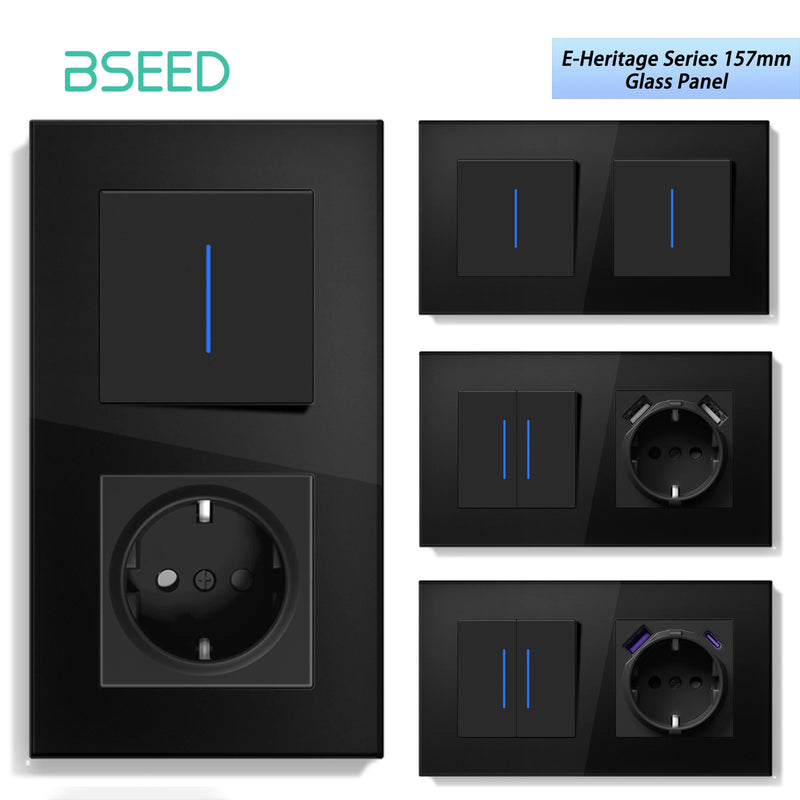 BSEED E Series Mechanical Wall Light Switch Button Switch 1/2Gang 1Way With Wall Socket Crystal Glass Panel Switch On Off 250V