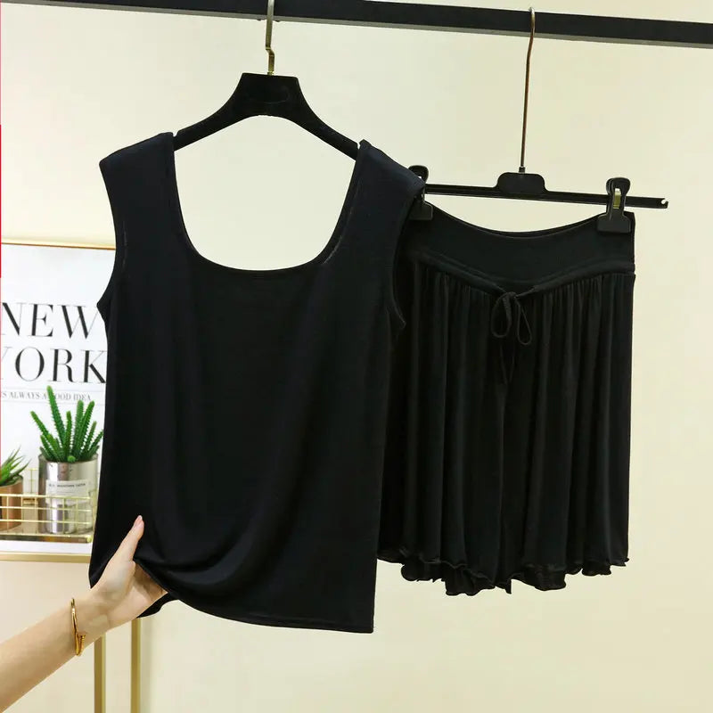 Women's Pajamas Modal Wide Shoulder Double U-neck Vest Shorts Two-piece Set Loose Plus Size Home Suit  Pijama Mujer M-6XL