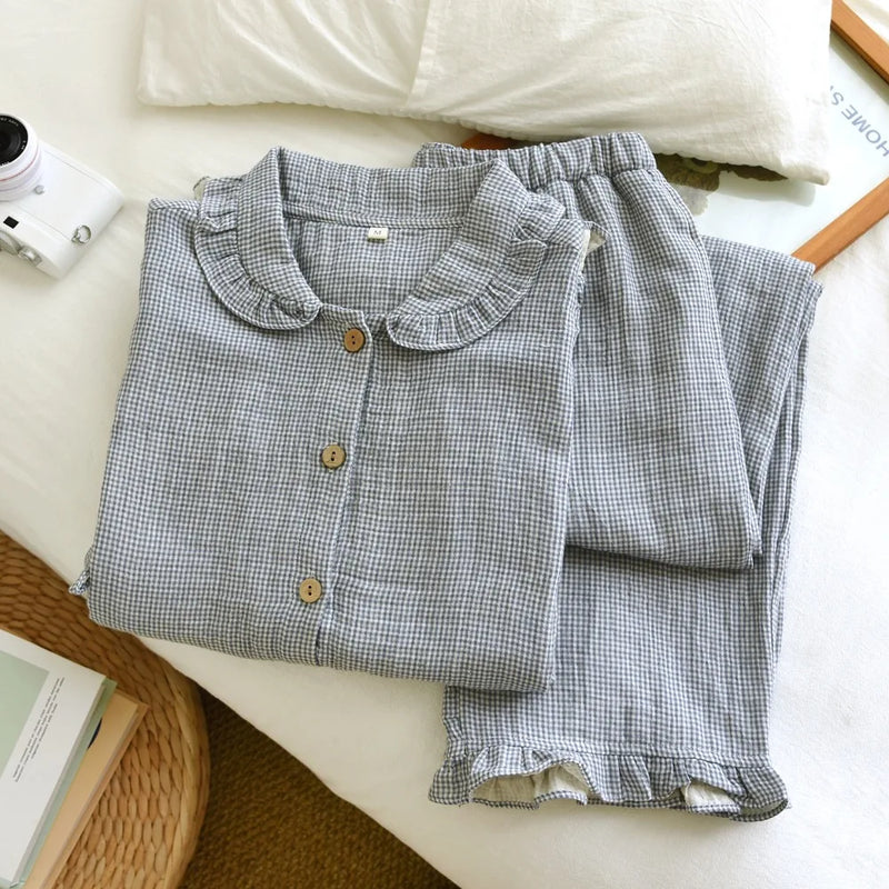 Pure Cotton Plaid Long-Sleeved Pyjamas Women's Loungewear Suit Spring Autumn Home Clothes Comfortable Sleepwear Soft Pajamas