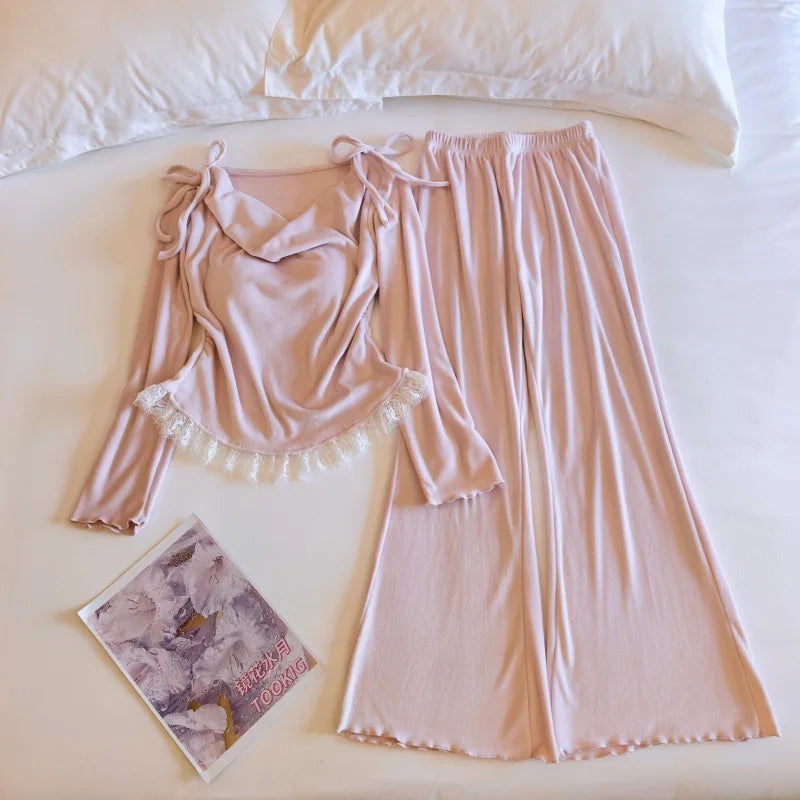 Korean Women Winter Sleepwear Set New Chest Pad Top Pant Suit Lounge Home Pajama Island Velvet Sleeping Clothes Pyjamas Femme