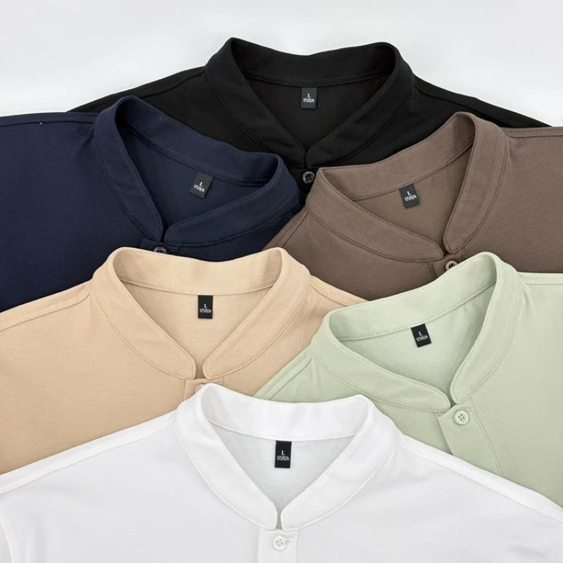 Men Summer Short Sleeve T-Shirt Little Stand Collar Solid Color Casual Loose Tee with Side Split Hem
