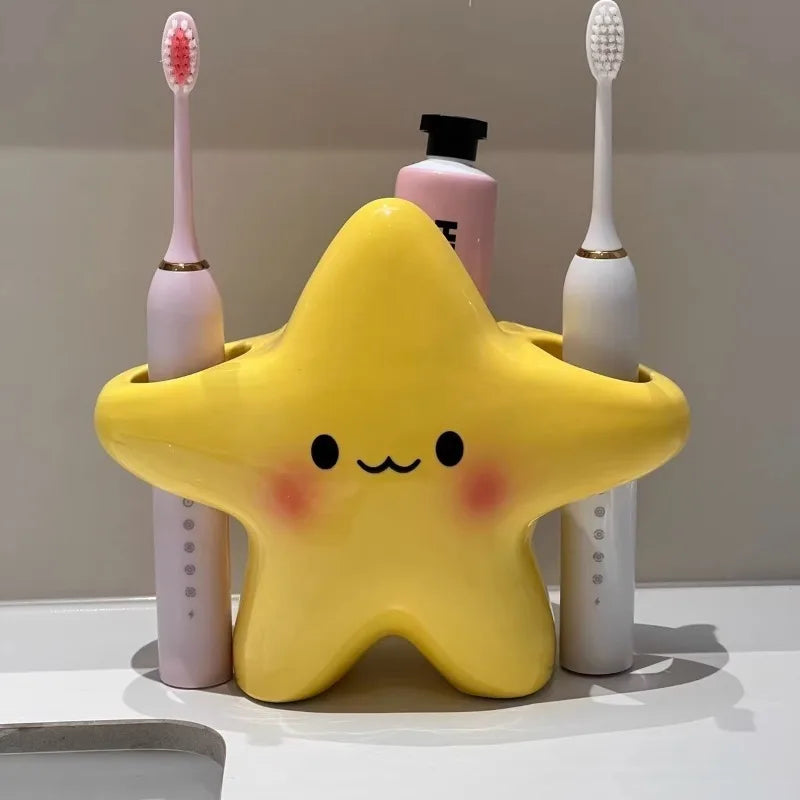 1/2pcs Cute Star Toothbrush Holder Cartoon Face Freestanding Rack Durable Bathroom Storage Organizer for Toothpaste Toothbrush
