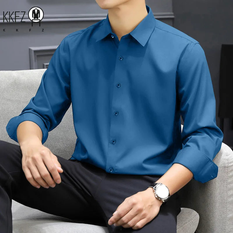 Men's Business Casual Long Sleeve Shirt Solid Color Wrinkle Resistant Comfortable All-Season Versatile Solid Color Top