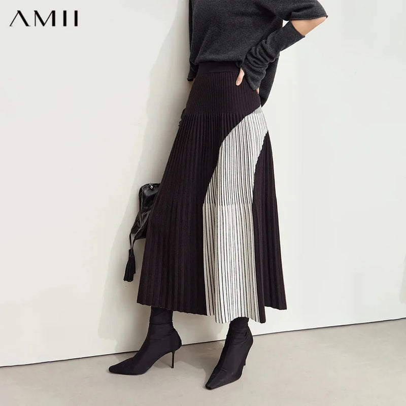 សំពត់ប៉ាក់ AMII បែប Minimalist Patchwork សម្រាប់ស្ត្រីឆ្នាំ ២០២៦ រដូវរងា ចង្កេះយឺត សំពត់មីឌីខាងក្រោមល្ង 12414023