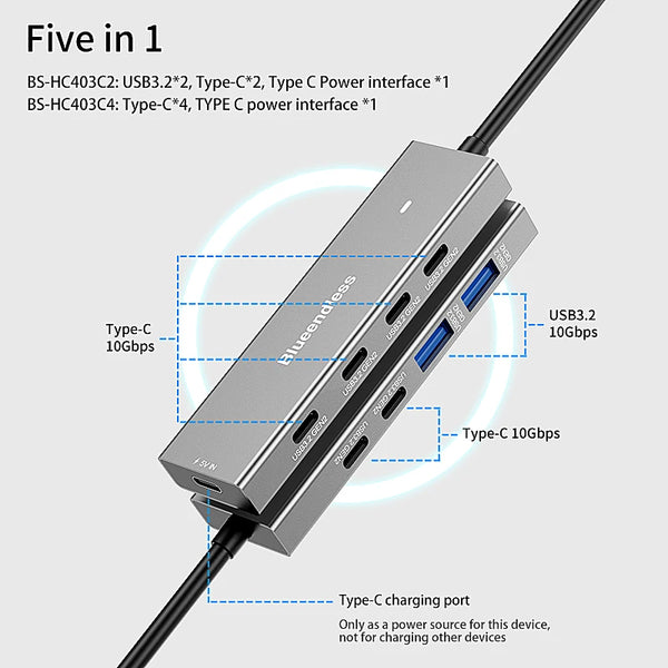 អាដាប់ទ័រ USB ប្រភេទ C ៤ រន្ធ Blueendless USB 3.2 ជំនាន់ទី ២ ល្បឿន 10Gbps ល្បឿនលឿន ៤ ក្នុង ១ សម្រាប់កុំព្យូទ័រយួរដៃចល័ត អាដាប់ទ័រជាមួយរន្ធសាក 5V