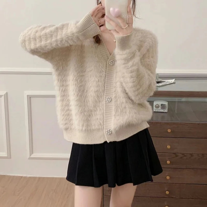 Mink Fleece Knitted Sweater Women's Clothing 2026 Autumn Winter Soft V-neck Cardigan Sweater Jacket Fashion Long-sleeved Top