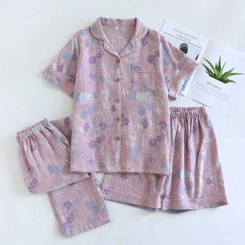 Retro Floral Summer Pajamas Lapel Short Sleeve Sleepwear Women's Cotton Home Wear New Three-Pieces Pyjama Set Woman Nightwear
