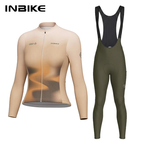 INBIKE Winter Long Fleece Cycle Jersey Set for Women Slim Thermal Long Sleeve Top Elastic Bib Pants Mountain Road Bike Clothing