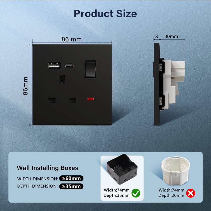 BSEED UK Standard Switched Wall Socket with USB Type-C Port 13A Electric UK Outlet with Switch On Off Integrated Panel Plastic