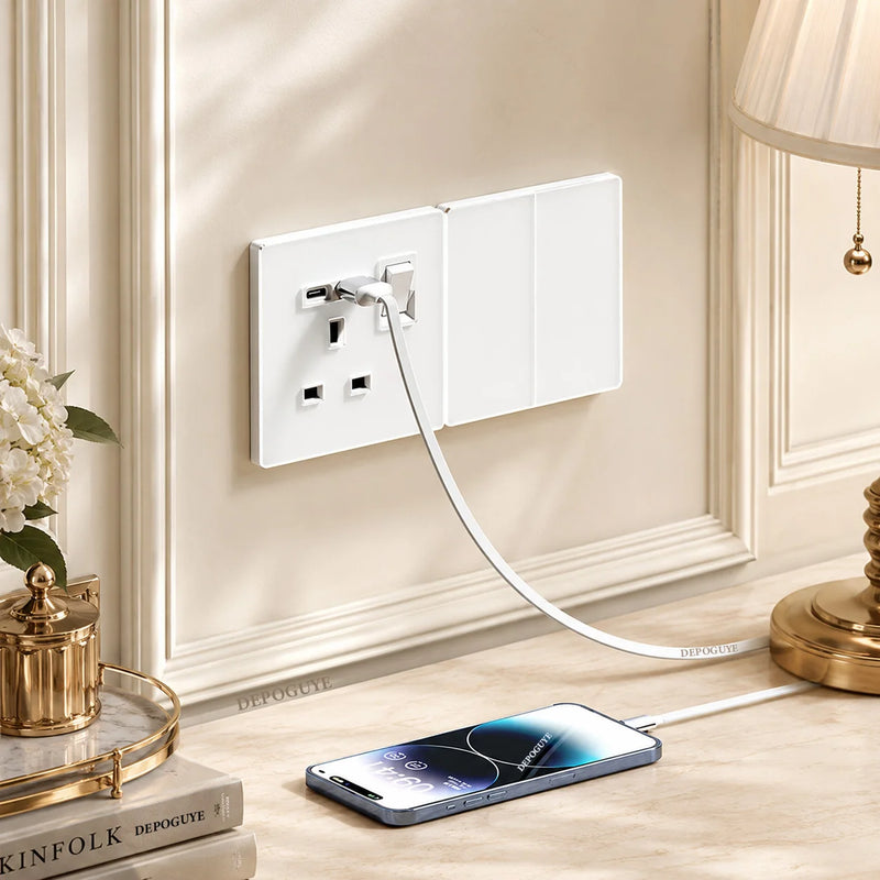 Luxury Skin Feeling Glass Wall Light Switch Button White UK Plug 13A Universal Wall 18W Type-C Fast Charging Socket