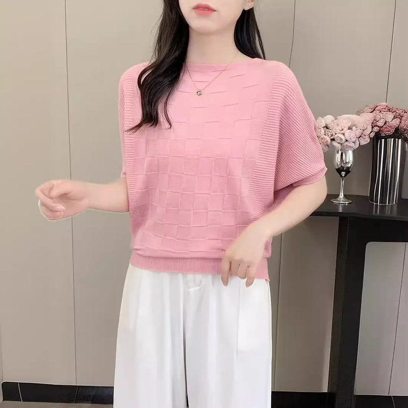 Korean Fashion One-word Collar Casual Bat-sleeved Knitted Sweater Women's Top Spring Summer Knitwear Pullover Jumper Shirt