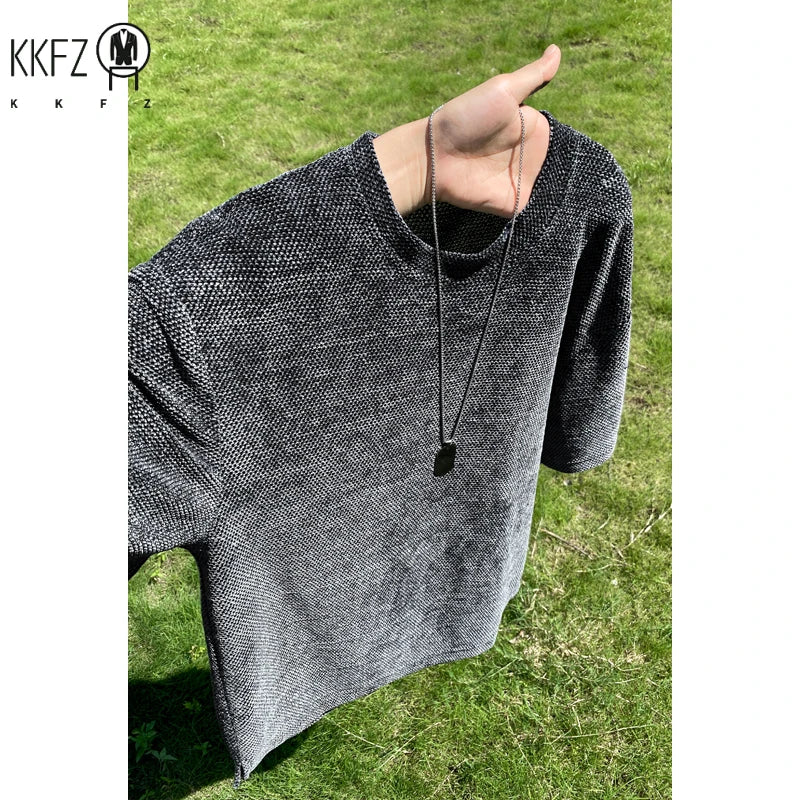 Mens Honeycomb Textured Short Sleeve Tee Crew Neck Curved Bottom Hem Loose Fit For Outdoor Leisure And Travel Outfit