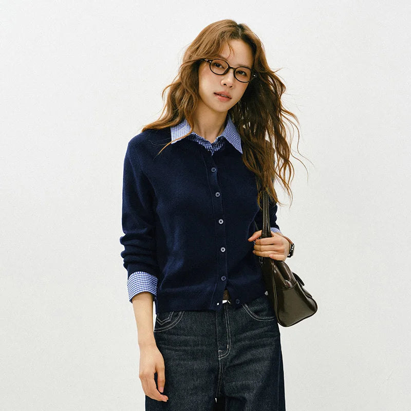 Semir Cardigan Women 2026 Spring Detachable Plaid Collar Casual Basic Fashion Tops Sweater For Party