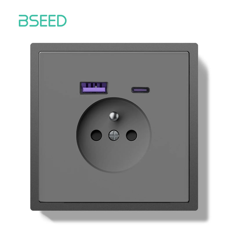 BSEED French Standard Wall Power Socket Electrical Outlets 20W USB Type-C Fast Charge Port Socket White Black Plastic Frame 16A