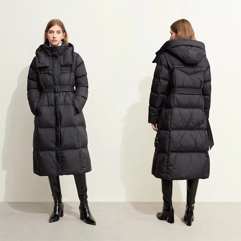 AMII Hooded Down Coats 2026 Winter New Warm With Belt Puff Duck Jacket Women Turtleneck Solid Versatile Slim Long Coat 12524003