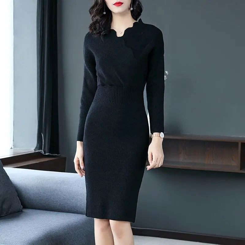 Pull Femme Autumn Winter Mid Length Slim Fit Knitted Dress Women's Wrap Buttocks Ruffled Sweater Fashion V Neck Pullovers