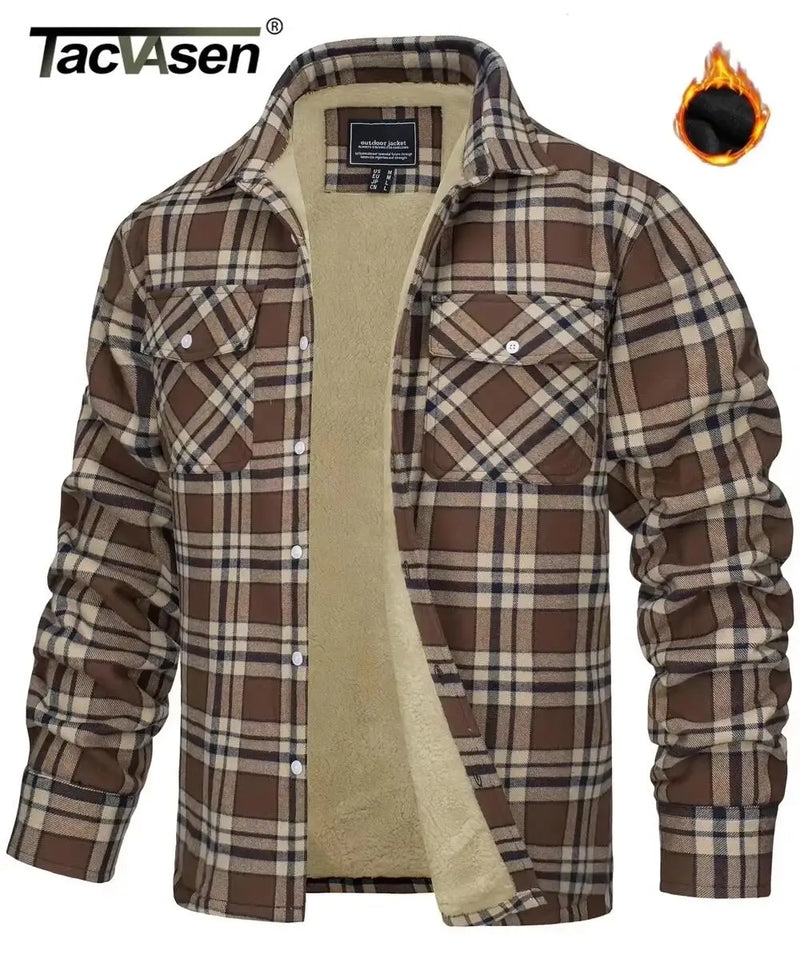 TACVASEN Fleece Lining Jackets Mens Flannel Cotton Jackets Plaid Casual Button Down Cargo Work Coats Thicken Outwear Man Tops