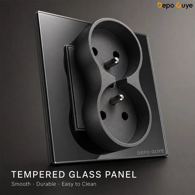 French Wall Socket Double Power Outlet FR Standard 16A Glass Panel Single Double Frame White Black Home Electrical Wall Socket