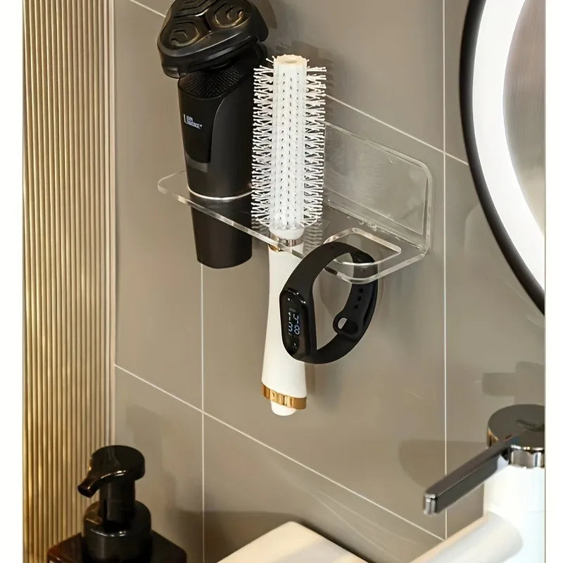 1pc Transparent Plastic Bathroom Organizer Rack, Wall-Mounted No-Drill Storage Rack for Hair Brush. Bathroom Accessori.