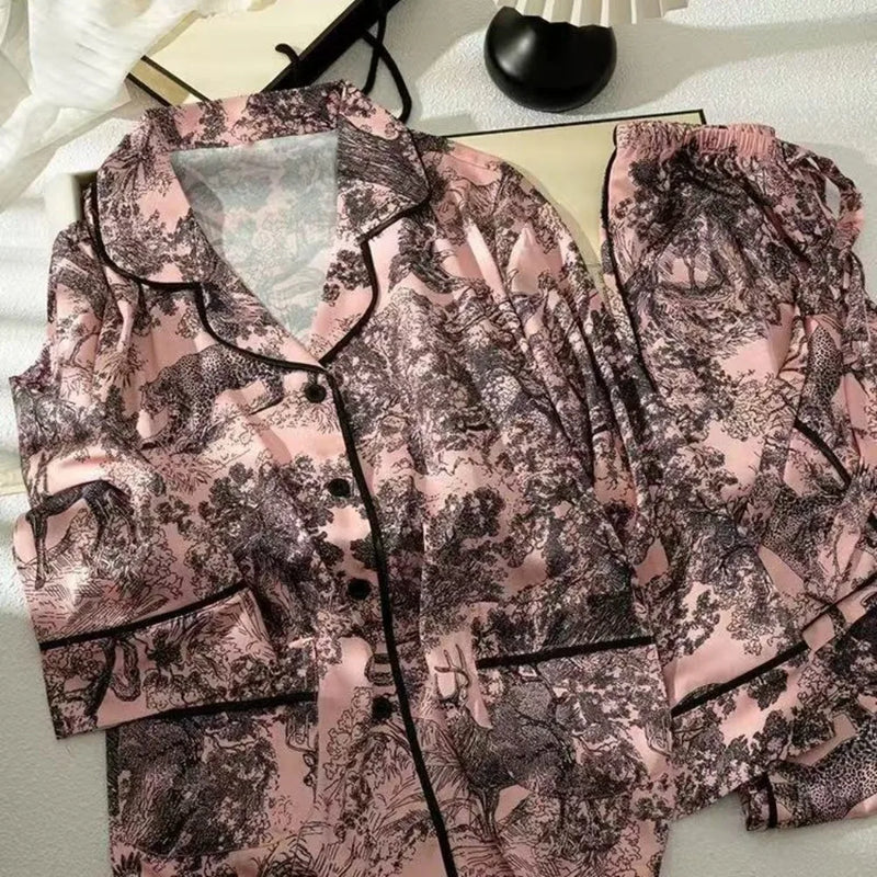 Ice Silk Sleepwear Women's Two-piece Set Night Wear For Ladies Pajamas Spring Autumn Long Sleeve Pyjama Set Woman Home Wear