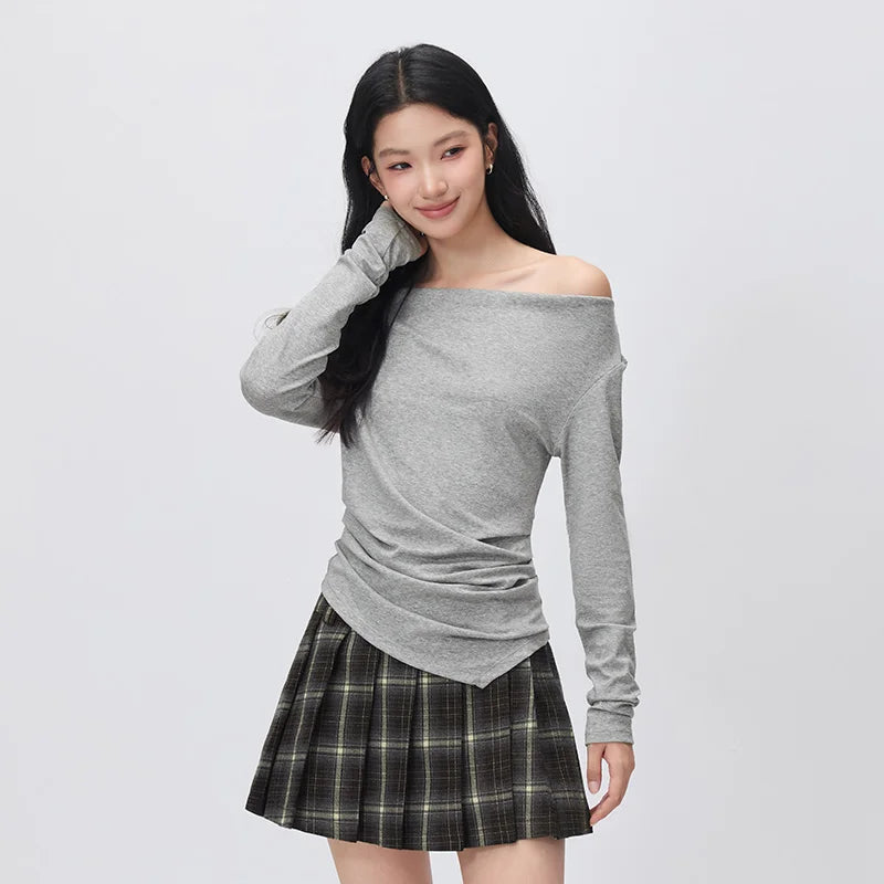 Semir Women Tshirt Long Sleeve Short Cowl Neck Ruched Asymmetric Solid Elegant Casual Autumn Top Daily Wear 2026