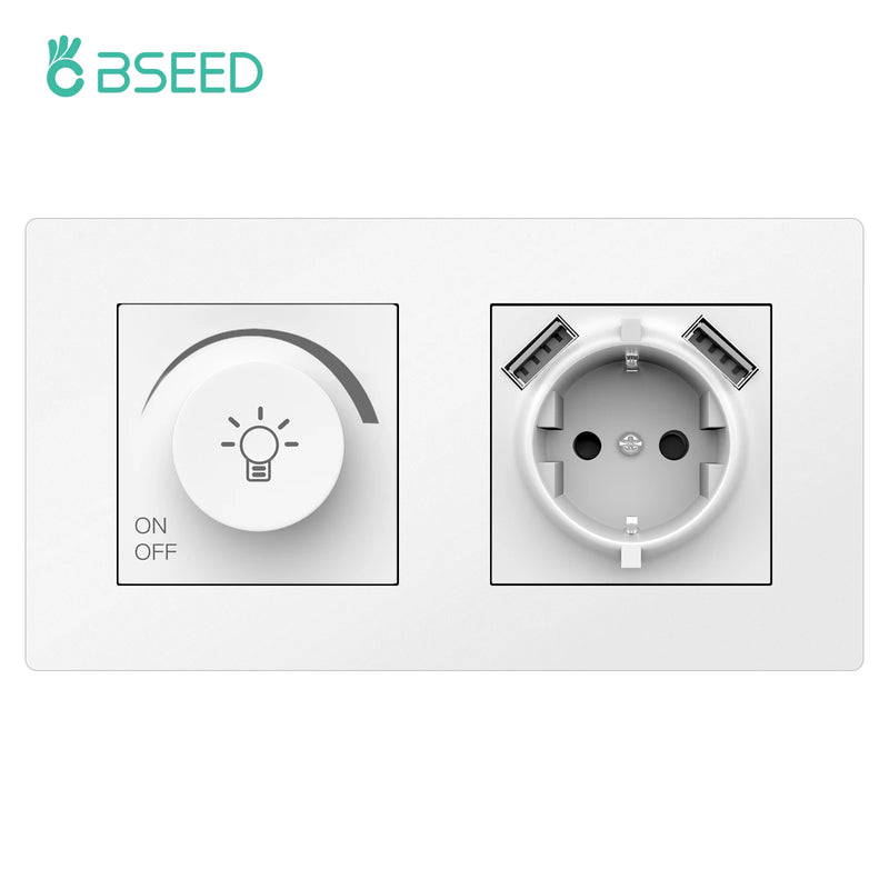 BSEED Dimmer Light Switch Rotary Knob Switch With Wall Socket USB Type-C Outlets Switch ON OFF Frame 220V