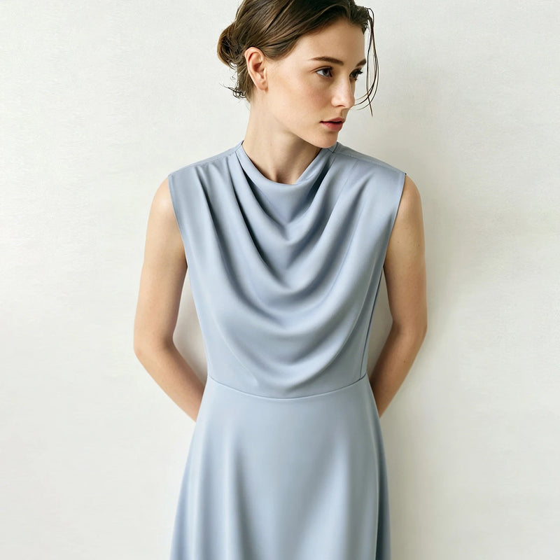 Amii Satin Women's Dress 2026 Summer New Solid Color Sleeveless Elegant Cowl Neck Casual  A-Line Midi Dress for Women 12642219