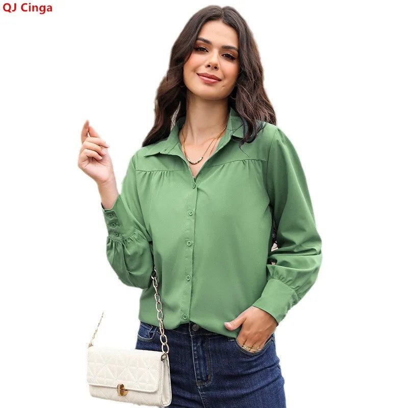 Women's Long-sleeve Collared Shirts for Spring and Fall; Pleated/patchwork-detailed Blouses; Black, White, Green, Blue, Purple.