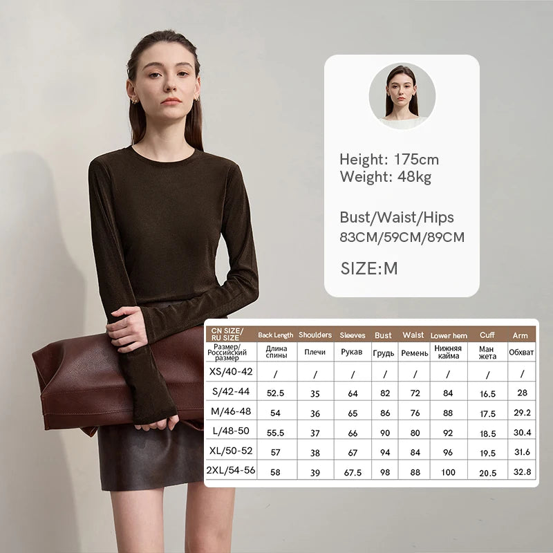 Amii Long Sleeve T-shirt 2026 Autumn New Shiny Casual ONeck Slim T-Shirt Women's Solid Color Versatile Mesh Knitted Top 12523045