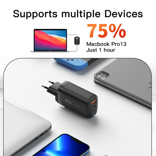 ឆ្នាំងសាក Essager 65W GaN USB Type C សម្រាប់កុំព្យូទ័រយួរដៃ PPS 45W 25W សាកលឿនសម្រាប់ Samsung QC3.0 PD3.0 សម្រាប់ឆ្នាំងសាកទូរស័ព្ទ IPhone17 16 Pro
