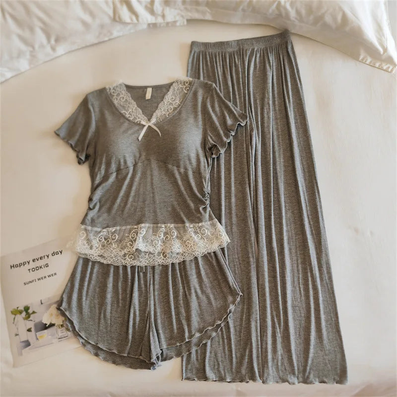 3 Pcs Set New Lace Modal Sleepwear Women Sleep Short Sleeve Shorts Trousers Suit Sweet Gentle Summer Pajamas Lady's Home Clothes