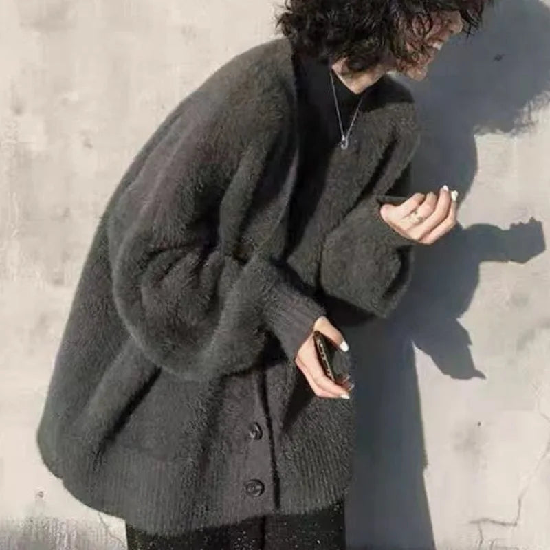 Imitation Mink Fleece Sweater Top New Autumn Winter Lazy Wind Loose Casual Knitted Cardigan Jacket Women's Thick Warm Coat