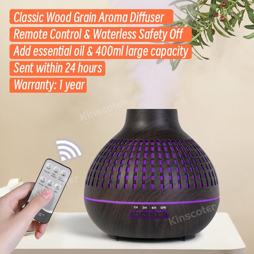 400ml Electric Aroma Diffuser Essential Oil Diffuser Air Humidifier Holiday Gift Colorful Breathing Night Light With Remote Dark Wood Grain