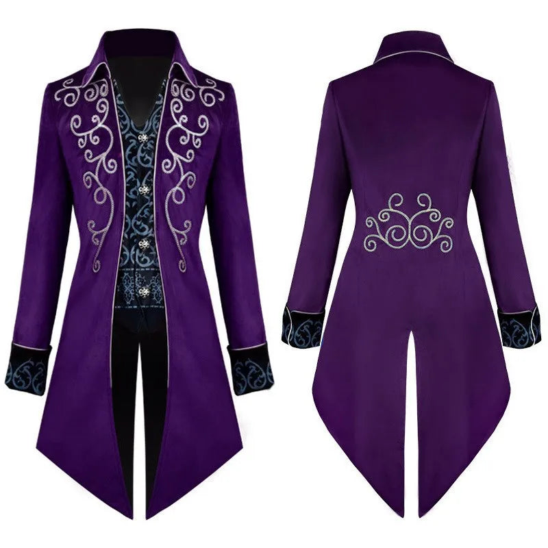 Red Embroidered Men's Long Jacket, Black Mock Two-piece Trench Coat, Purple Collared Vintage Tailcoat.