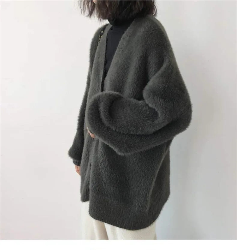Imitation Mink Fleece Sweater Top New Autumn Winter Lazy Wind Loose Casual Knitted Cardigan Jacket Women's Thick Warm Coat