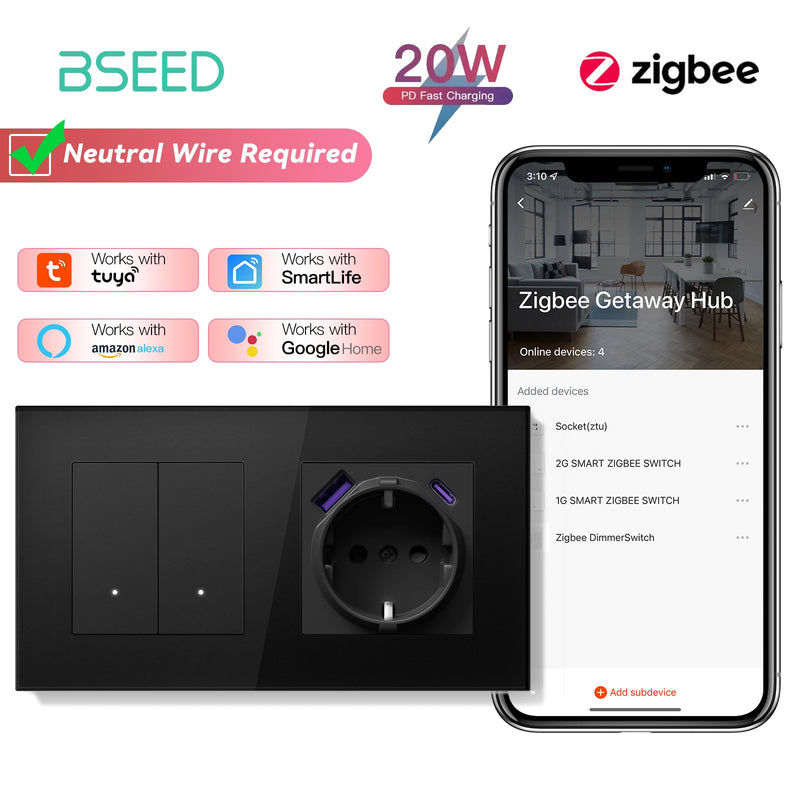 BSEED 1/2/3Gang 2Way Zigbee Light Switch With EU Wall Socket Smart Click Button Switch Glass Panel Tuya Smart Life Alexa Control