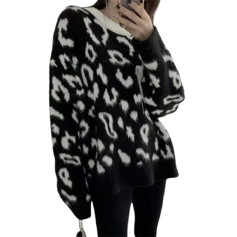 Knitted Pullover Sexy Loose Lazy Leopard Print Sweater Women's South Korea Contrasting Color Thick Soft Crew Neck Jumper Top