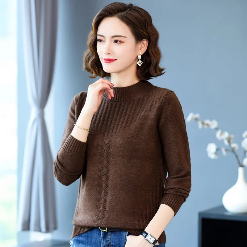 Knitting Bottoms Shirt Warm Spring Autumn Sweater New Women Half-Turtleneck Twisted Flowers Pullover Sweaters Winter Pull Femme