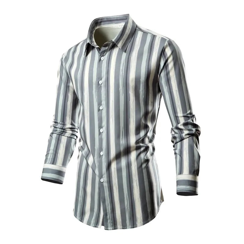 2026 Men's Classic Vertical Stripe Long Sleeve Shirt, Single Breasted Lapel Shirts, White Red Khaki Available, European Size