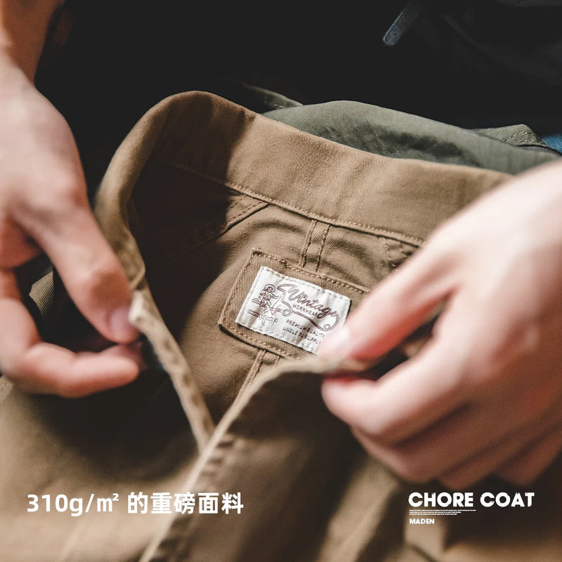 អាវធំ Maden ធ្វើពីក្រណាត់ Twill ទម្ងន់ធ្ងន់ មានហោប៉ៅបួនសម្រាប់បុរស ពណ៌កាគី កអាវបត់ចុះក្រោម អាវធំសម្រាប់បុរស អាវរដូវស្លឹកឈើជ្រុះ