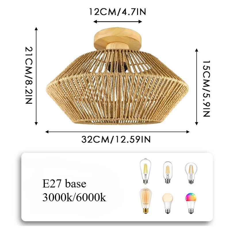 JOYINLED Rattan Ceiling Light Chinese Style Lampshade Hemp Rope Pendant Light Fixture for Home Living Room Decorative Lighting