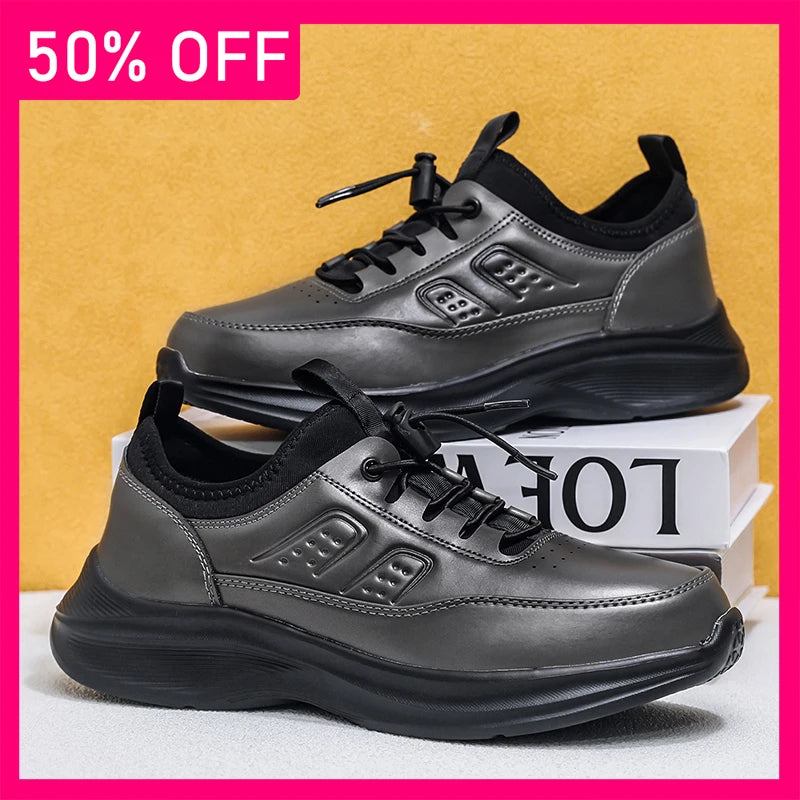 Men Sneakers Fashion Lace Up Wear-resistant High-quality Leather Sneakers Spring Thick Soled Non Slip Casual Shoes Large Size